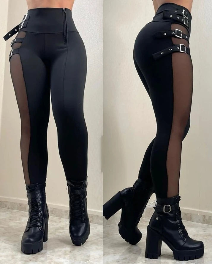 Women's Sexy Pants 2024 Spring Fashion Mesh Panel Belt Buckle High Waist Zipper Casual Tight Elastic Daily Pants Y2K Street Wear