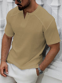 1PCS Mens Linen Short-Sleeved Shirt Top Round-Neck Pullover Casual Solid Color Henry Collar T-Shirt with Buttons Fashion Hippie