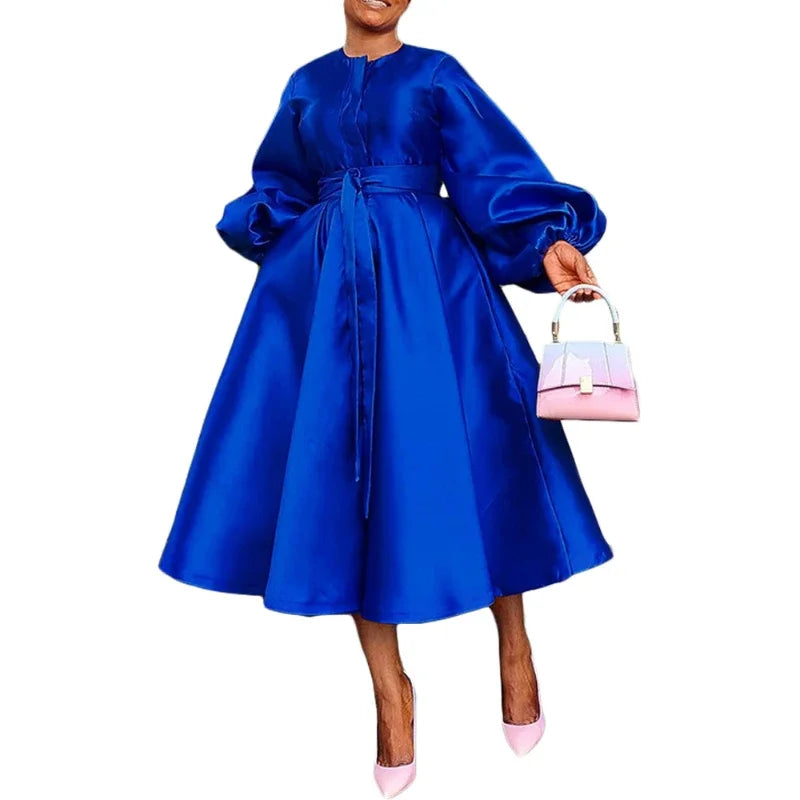 Dress Women Long Dresses A Line Round Neck White Lantern Sleeve Casual High Waist Lace Up Elegant Party Night Maxi Vestidos