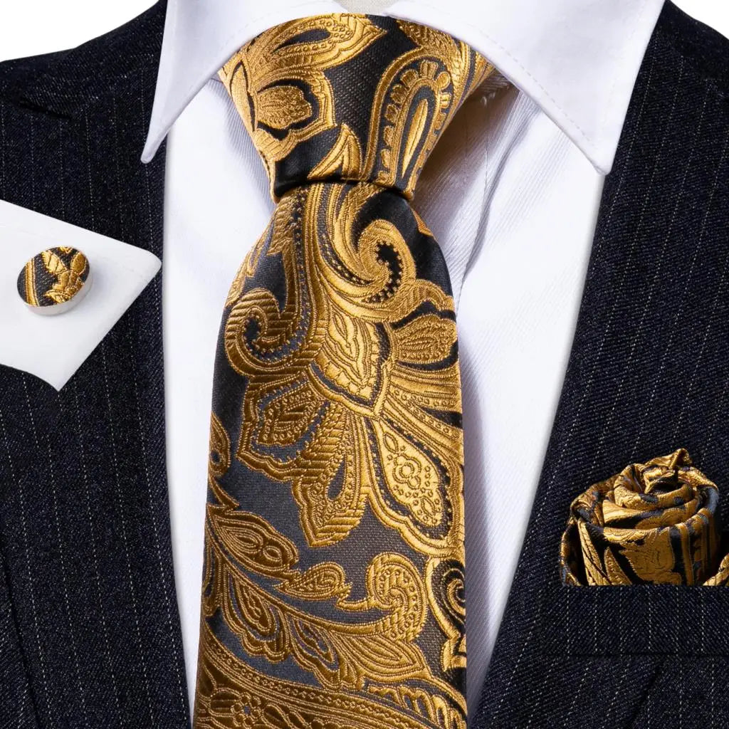 Barry.Wang Gold Silk Mens Tie Hanky Cufflinks Set Yellow Beige Orange Luxury Jacquard Necktie For Male Wedding Business Party