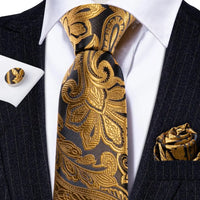 Barry.Wang Gold Silk Mens Tie Hanky Cufflinks Set Yellow Beige Orange Luxury Jacquard Necktie For Male Wedding Business Party