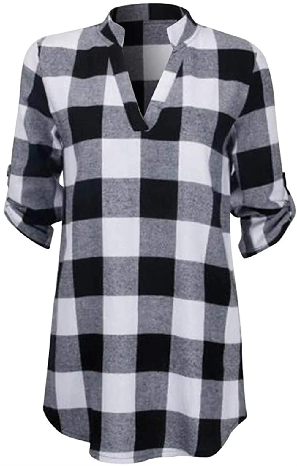 MisShow 5XL Women's Plaid Shirts Casual Notch V Neck Blouse Cuffed Long Sleeve Pullover Soft Tunic Shirt Camisas Beach Sun Tops