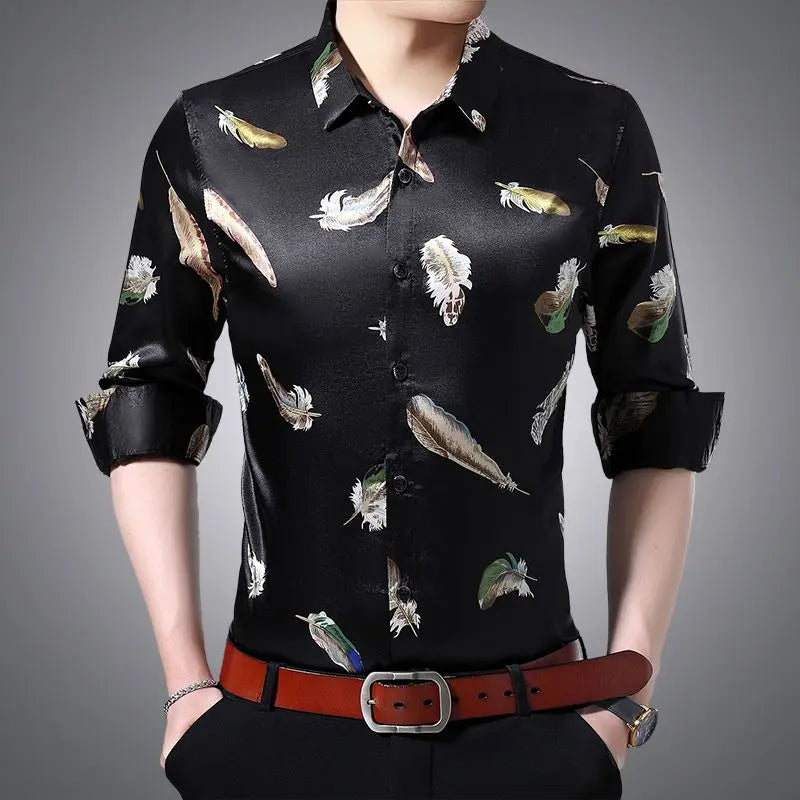 Streetwear Fashion Men Silk Smooth Shirt Spring Autumn New Male Clothes Business Casual Vintage Long Sleeve Basic Casual Tops