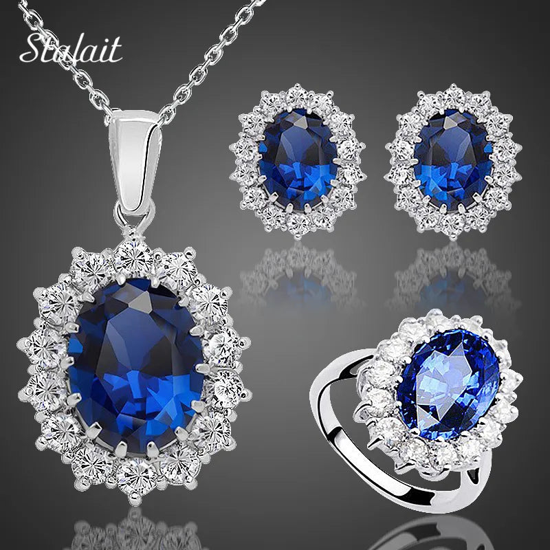 Fashion Blue Crystal Stone Wedding Jewelry Sets For Brides Silver Color Necklace Set For Women African Jewelry Sets & More