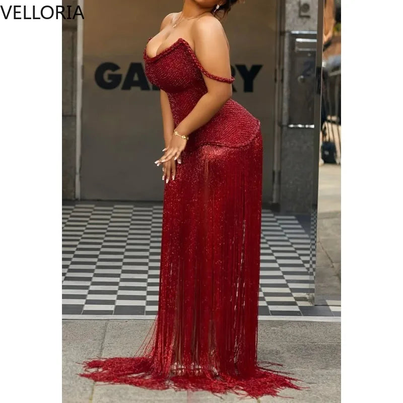 Brown Tassel Evening Dress African Woman Sexy Off-Shoulder Beaded Bustier Prom Gown Elegant Floor-Length Party Dress Customized