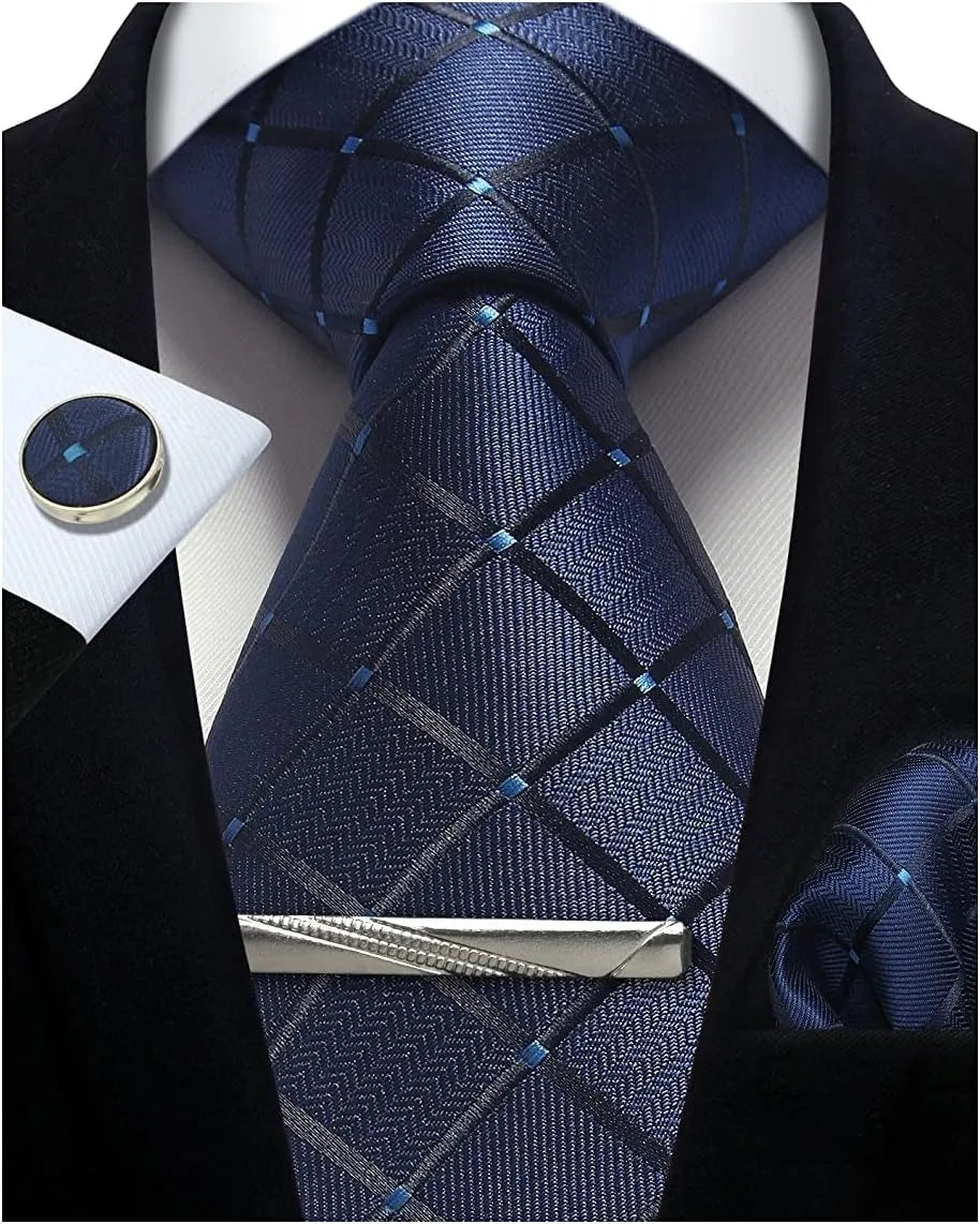 100% Silk Ties for Men Plaid & Checks Tie Clip Handkerchief Woven Classic Men's Necktie Pocket Square Set Formal Wedding Ties