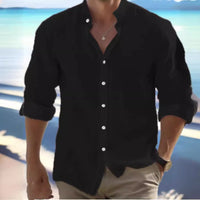 Men's Linen Button-down Shirt for Men Summer Beach Shirt Long Sleeves Plain Stand-up Collar, Spring/summer Casual Everyday Wear