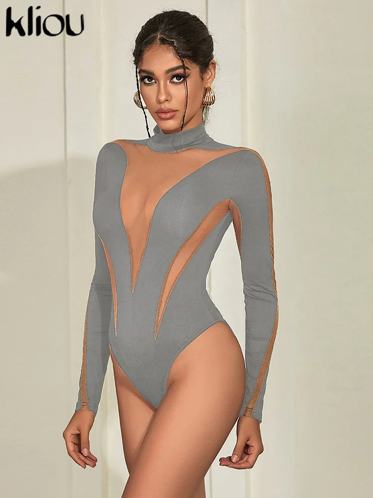 Kliou Mesh Patchwork Bodysuits Women Hipster Unique See Through Stand Collar Body-shaping Playsuit Female Casual Street Clothing