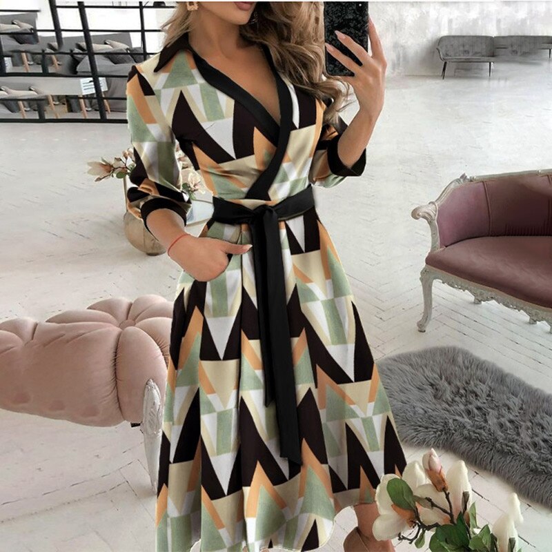 Sexy Women V-Neck Sexy Dresses Elegant Butterfly Print Long Sleeve Lace Up Wrap Midi Dress