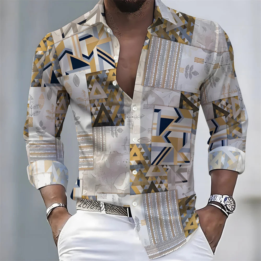 European and American style color-blocked geometric abstract print men's long-sleeved shirt, versatile top for spring and autumn