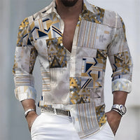 European and American style color-blocked geometric abstract print men's long-sleeved shirt, versatile top for spring and autumn