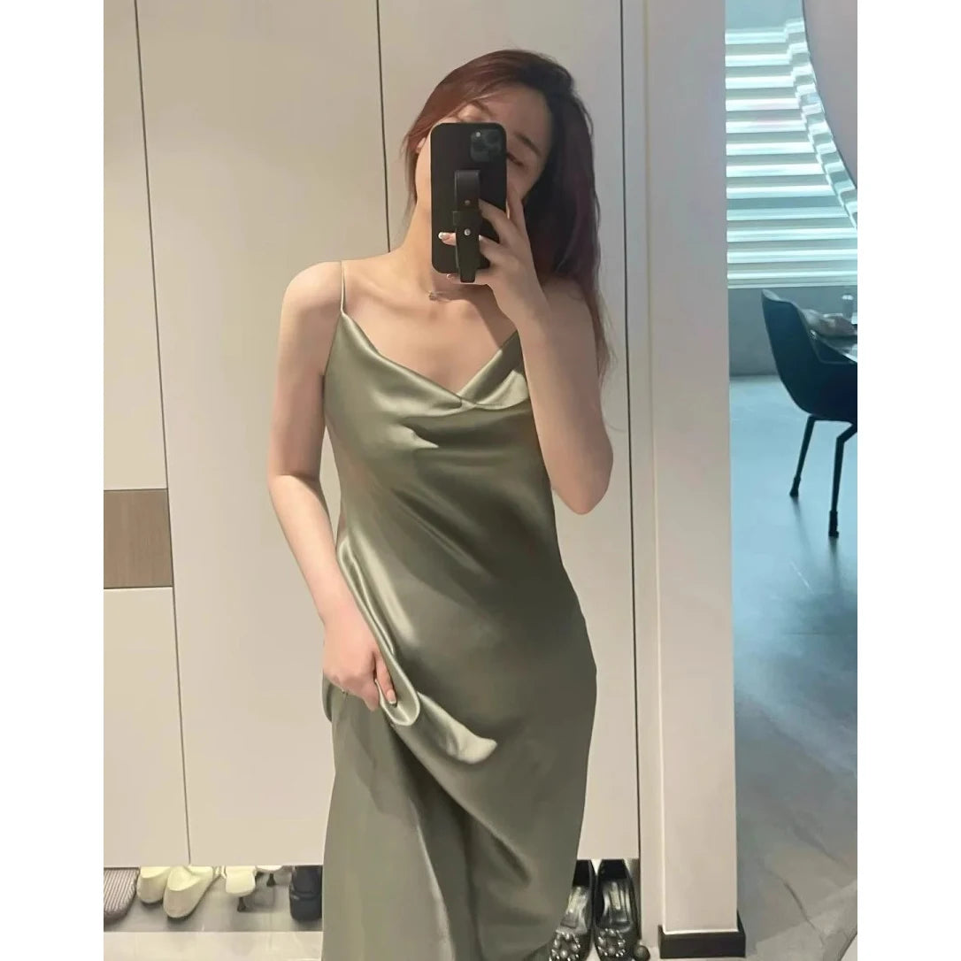 Ele Satin Acetate ter Dr Women's Smooth Glossy Tee-Vein Neline Strapl Midi Skirt Four Colors Available
