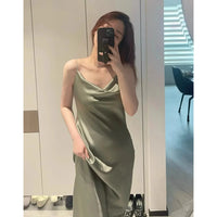 Ele Satin Acetate ter Dr Women's Smooth Glossy Tee-Vein Neline Strapl Midi Skirt Four Colors Available