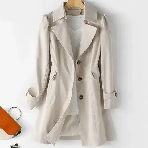 Trench Women Mid Length Coats Turn Down Collar Full Sleeve Coat Slim Fit Single Breasted Jackets Elegant Splice Autumn 2024