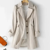 Trench Women Mid Length Coats Turn Down Collar Full Sleeve Coat Slim Fit Single Breasted Jackets Elegant Splice Autumn 2024