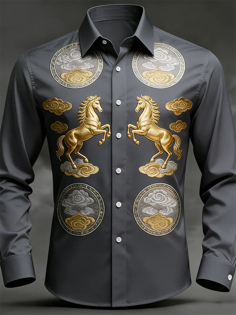 New men's long sleeved shirt casual button lapel 3D printed horse pattern luxurious men's top soft and comfortable