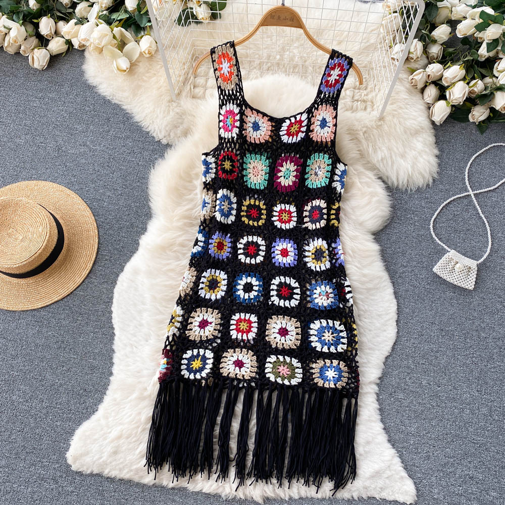 Chic Tassels Crochet Hollow Sleeveless Slip Dress Floral Bohemia Casual Beach Vacation Sundress Women Sexy Y2k Summer Vestidos