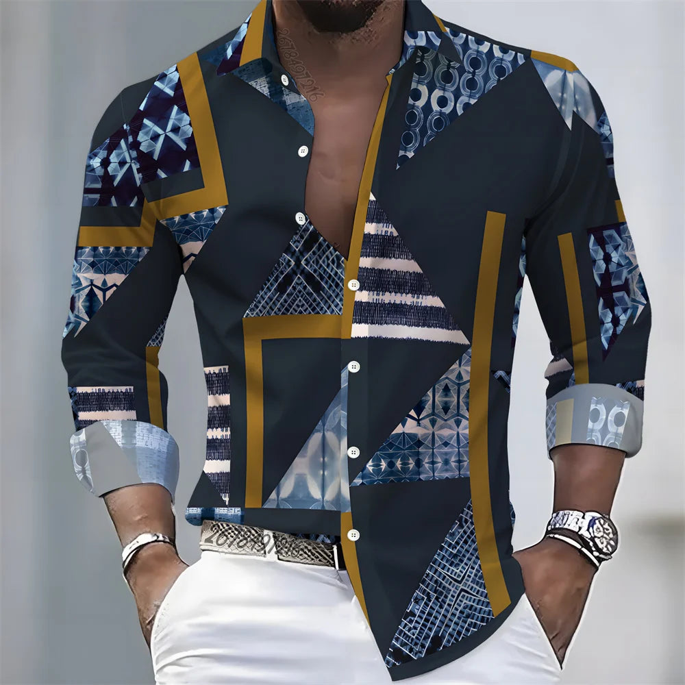 Men's Retro Color-Blocked Floral Print Long-Sleeve Shirt with Paisley Pattern Design, Casual Top for Spring and Autumn