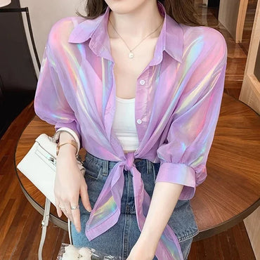 Button Up Shirts Women Half Sleeve Shining Sparkles Tied Waist Sexy Chiffon Blouses Shirts For Women Summer Spring