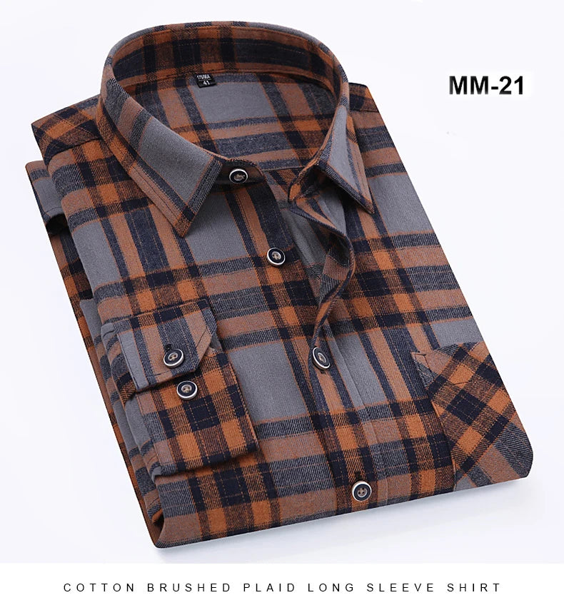 S-11XL Plaid Flannel Shirts For Men's Long Sleeve Cotton Fashion Design Young Casual Standard-Fit Thick Man Shirt Blouse Clothes
