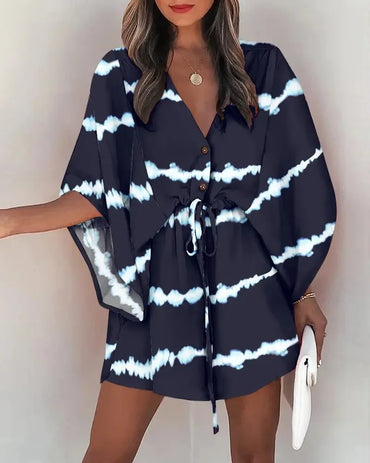 Women Print Dress Sexy V-Neck Bat Sleeve Ruffl Flowers Print Bohemian Beach Sundress Ladies Loose Summer Vacation Mini Dresses