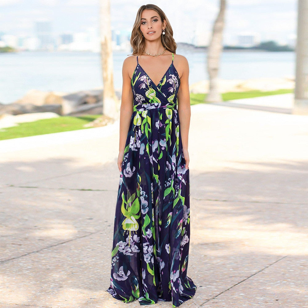 New Spring Summer Women Casual Tropical Boho Floral Print Evening Party Beach Long Maxi Straps Dresses Sexy Backless Sundress