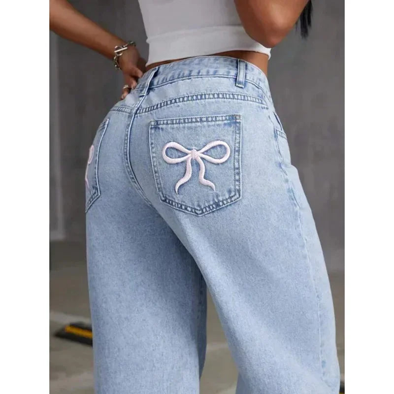 Women Jeans Embroidery High Waist Distressed Washed Pockets Vintage Floor Length Trousers 2025 Denim Wide Leg Pants Streetwear
