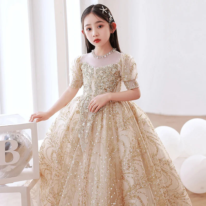 Luxury Birthday Party Dress for Girls Long Evening Gown Cocktail Pageant Kids Formal Occasion Dresses Prom Sequin Princess Child