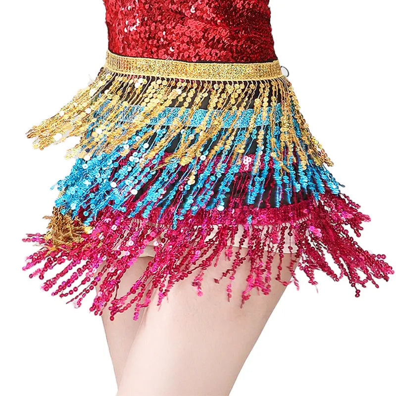 Bellydance Hip Scarf Sequins Fringe Dancewear Shawl Oriental Dance Scarf Belt Costumes Wrap Waist Performance Multicolor Women