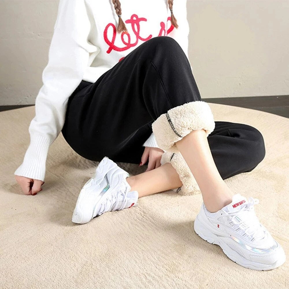 2022 Winter Women Fleece Pants Casual Keep Warm Thick Trousers Fashion Solid Color Loose Drawstring Sweatpants Plush Leggings