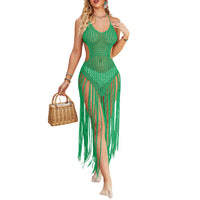 Summer Women Bikini Cover Ups Crochet Cutout Bandage Backless Beach Dress with Tassels for Beach Bathing Suit