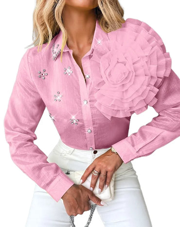 Women's Shirt 2023 Autumn/winter New Fashion Versatile Polo Rose Detail Rhinestone Turn Down Collar Top Temperament Commuting