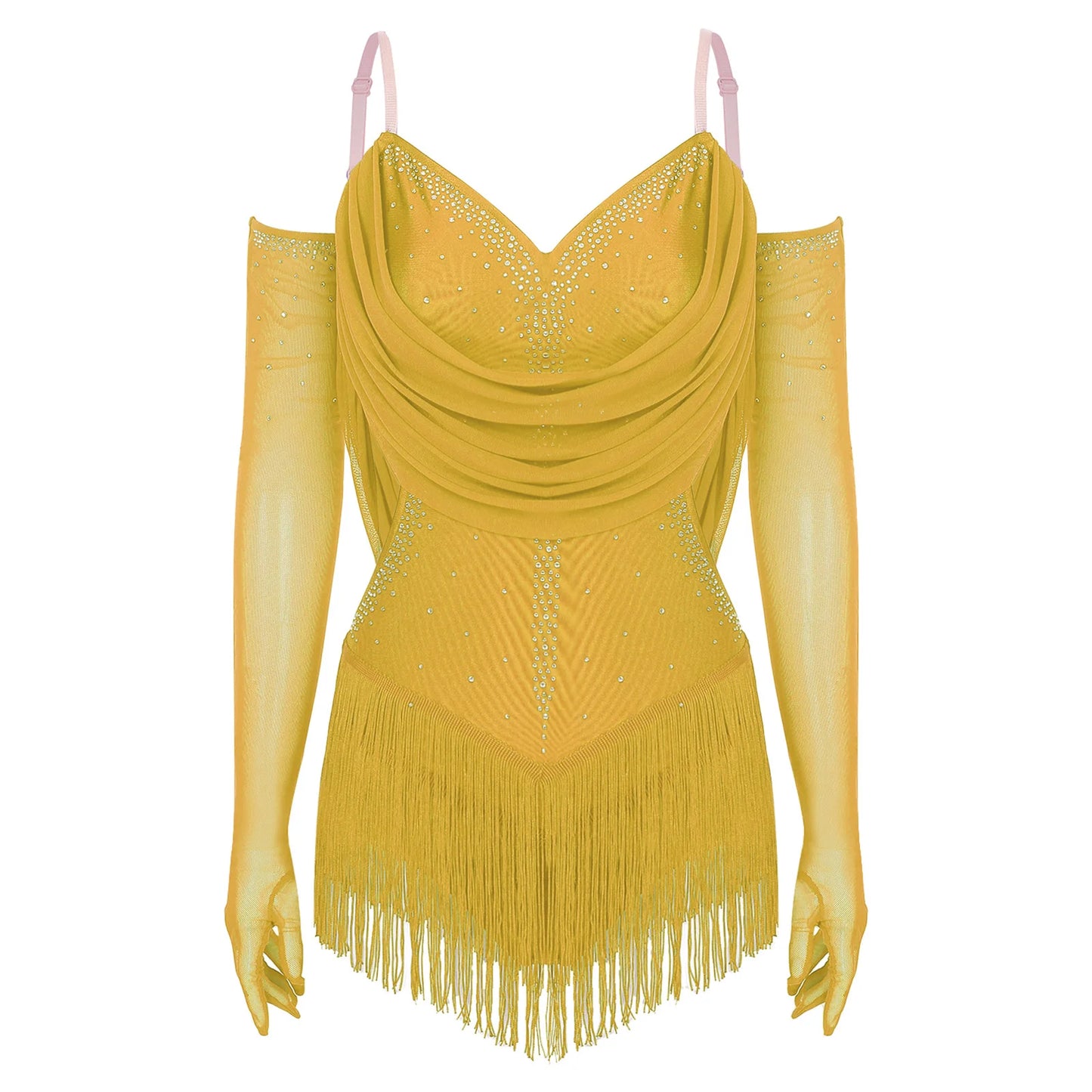 Womens Tassel Latin Rumba Dance Leotard Glittery Cutout Fringed Bodysuit with Gloves Cha-cha Samba Tango Performance Costume