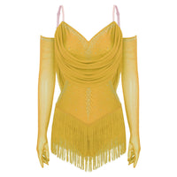 Womens Tassel Latin Rumba Dance Leotard Glittery Cutout Fringed Bodysuit with Gloves Cha-cha Samba Tango Performance Costume