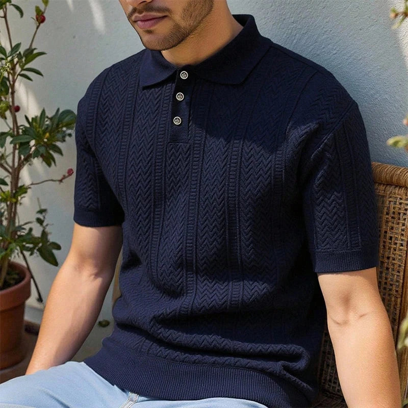 Mens Knit Polo Shirts Short Sleeve Textured Polo Shirt Casual Business Collared Button Shirts