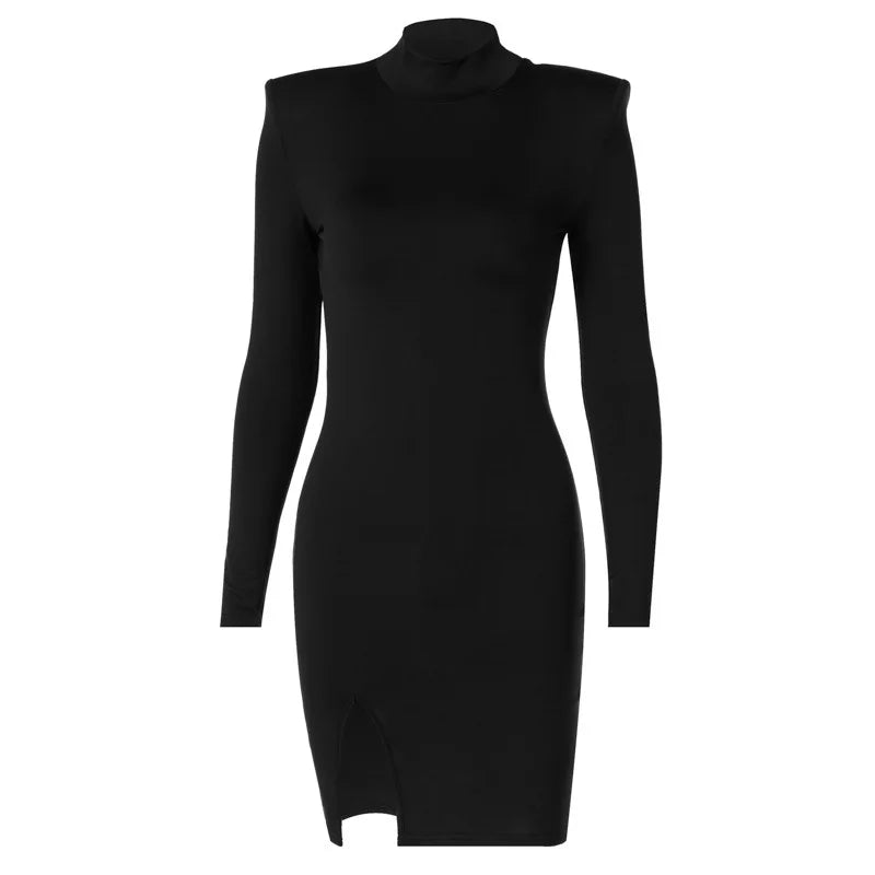 Long Sleeve High Neck Dress, Split Shoulder Pad, Slim Fit Dress, Stylish and Sexy, European and American, Spring, New, 2023