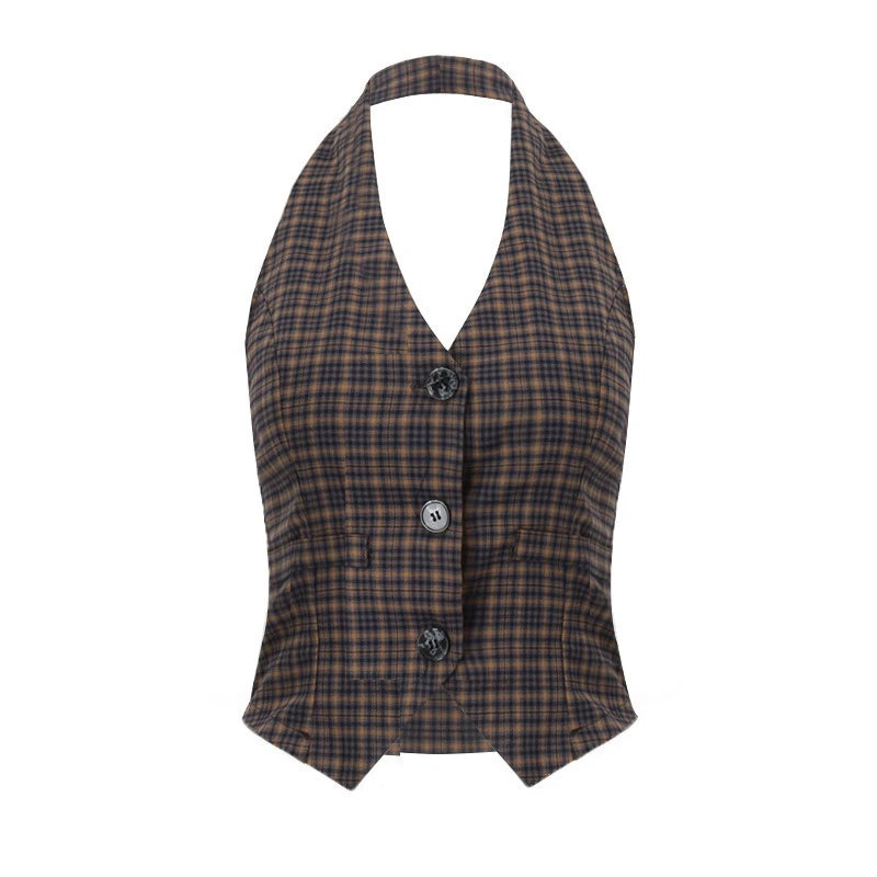 Plaid Print Vintage Cardigan V-neck Buttons Halter Casual Crop Tops Sexy Backless Sleeveless Tank Tops Fashion Streetwear Vest