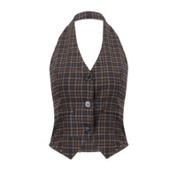 Plaid Print Vintage Cardigan V-neck Buttons Halter Casual Crop Tops Sexy Backless Sleeveless Tank Tops Fashion Streetwear Vest