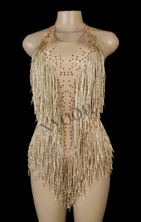 Sparkly Rhinestones Fringes Leotard Women Nightclub Party Outfit Dance Costume One-piece Stage Wear Sexy Performance Bodysuit