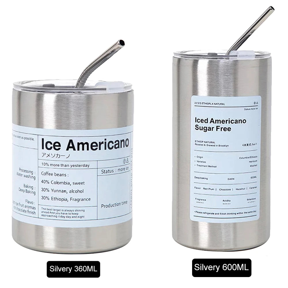 360/600ml Stainless Steel Coffee Cup Double Vacuum Insulated Cup Portable Ice American Keep Cold Coffee Mug with Lid + Straw