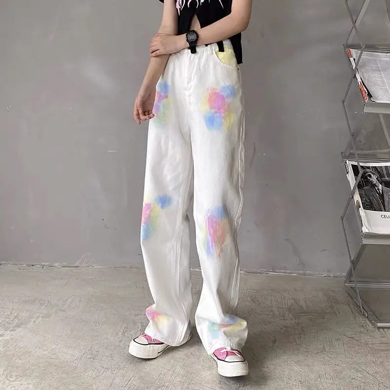 Baggy Jeans Y2k Wide Jeans for Women Trend Tie Dye Straight Printed Women's Summer Trousers Vintage Hippie Denim Pants Patchwork