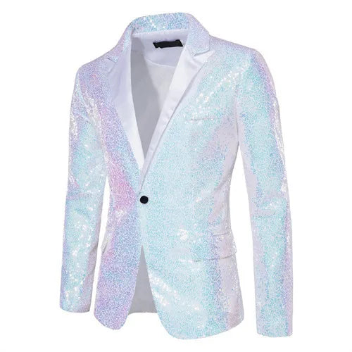 Shiny Sequin Men's Suit Jacket, Stage Performance Coat, White Silver Blue Red Purple Blazers V-neck Single Button S M L XL XXL