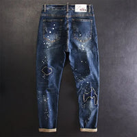 Jeans for Men Straight Cropped Trousers Graphic Motorcycle with Print Pockets Male Cowboy Pants Denim Y 2k Vintage Cotton Luxury