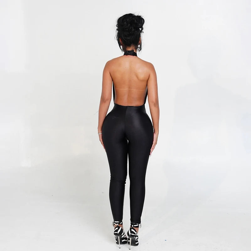 Halter Backless Jumpsuit Woman Sexy Hollow Fit Patchwork Waist Ruched Midnight Activity Workout Streetwear Overalls