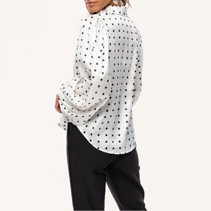 New Office Lady White Blouse Shirt Women Polka Dot Lantern Sleeve Women Blouses Tops Oversized Loose Female Shirt Blusas 12372