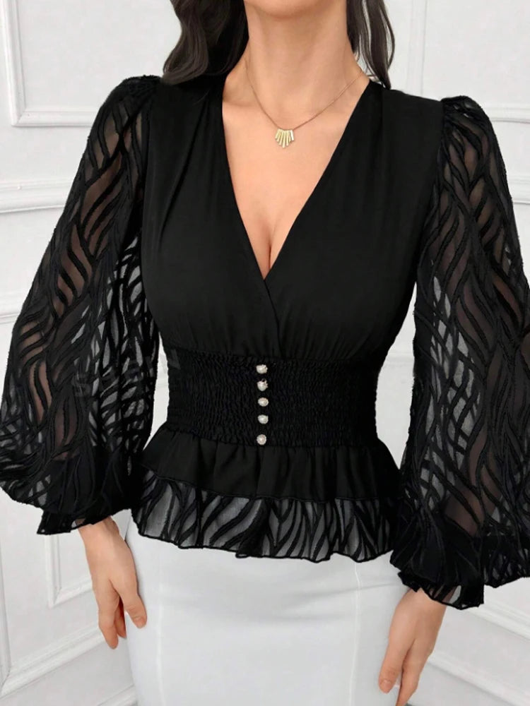 Women's Elegant and Fashionable V Neck Lantern Sleeve Waist Shirt