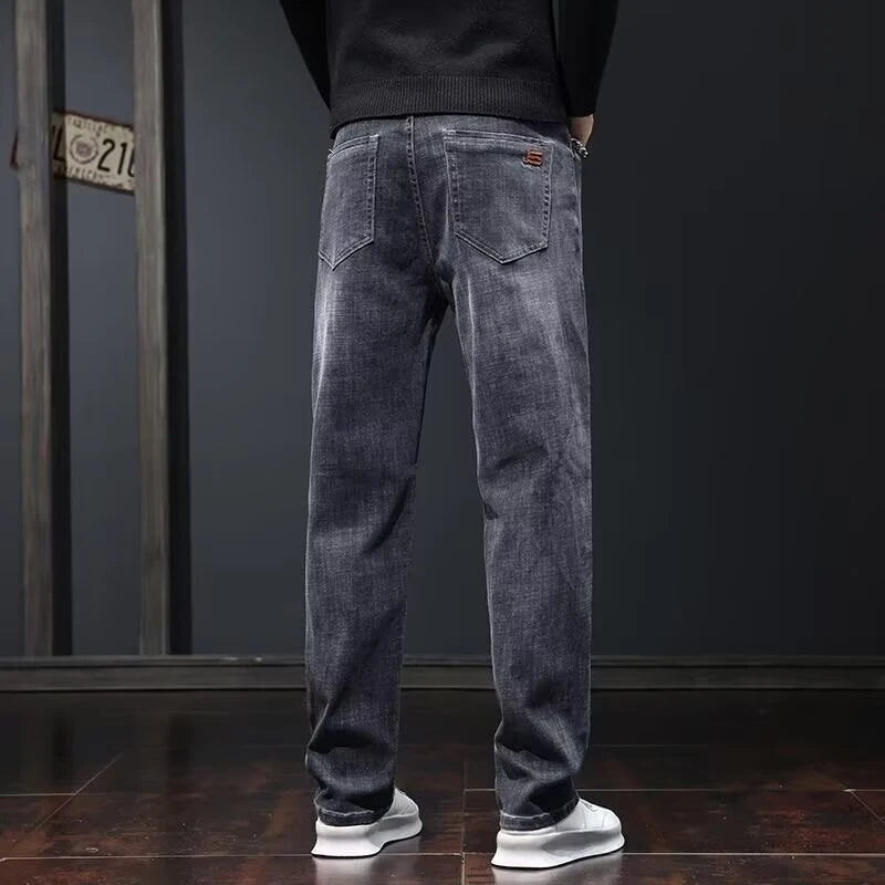2025 New Men Fashion Loose Straight Elasticity Jeans Male Wear-Resistant Look Taller Denim Pants Smart Casual Dark Gray Trousers