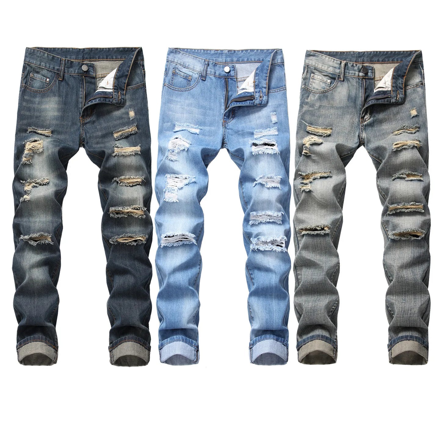 Mens Ripped Jeans Straight Slim Elasticless Tattered Trousers Autumn Streetwear Fashion Male Large Size Denim Pants