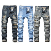 Mens Ripped Jeans Straight Slim Elasticless Tattered Trousers Autumn Streetwear Fashion Male Large Size Denim Pants