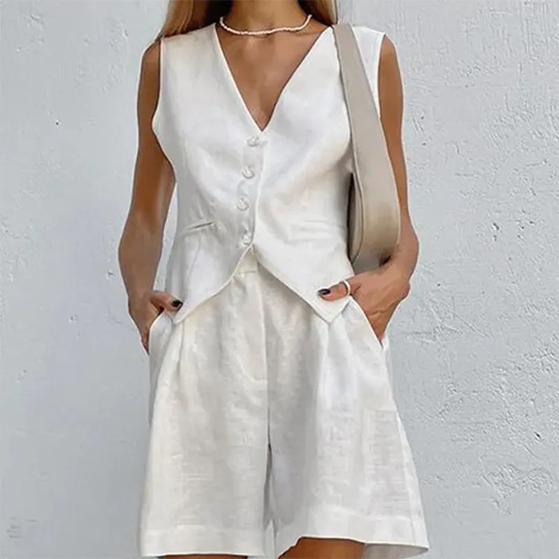 2023 summer Women Cotton Linen Waistcoat Solid Single Vest Tops Two Piece Set Basic Wide Leg Shorts Outfits Y2K office lady